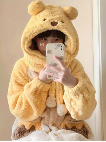 Disney, Winnie The Pooh Pajamas Set, Comfortable To Wear, New Autumn And Winter Cartoon Women'S Coral Fleece, Thickened, Cute Puff Sleeve Nightgown, Pajamas Set, Nightgown, Home Clothes, Unisex Nightgown, Warm Winter Nightgown.