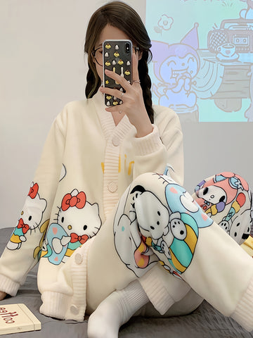 2pcs Sanrio Genuine Authorization, Hello Kitty Family Cartoon Pattern Long-sleeved Thickened Upgraded Pajama Set, Thick Warm Loungewear, Sweet And Cute Pajamas, Cardigan Loungewear Can Be Worn Outside, The Best Choice for Family And Friends