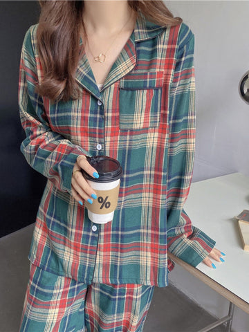 Christmas Couple's Long Sleeve Vintage Plaid Print Pajama Set Open Front Button-Up Top and Pants