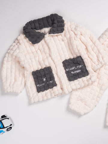 Boys' 2pcs Fall\u002FWinter Pajama Set, Casual Lapel Collar Knit Polyester Sleepwear with Alphabet Pattern, Thick Fleece-Lined with Pockets and Buttons, Regular Fit