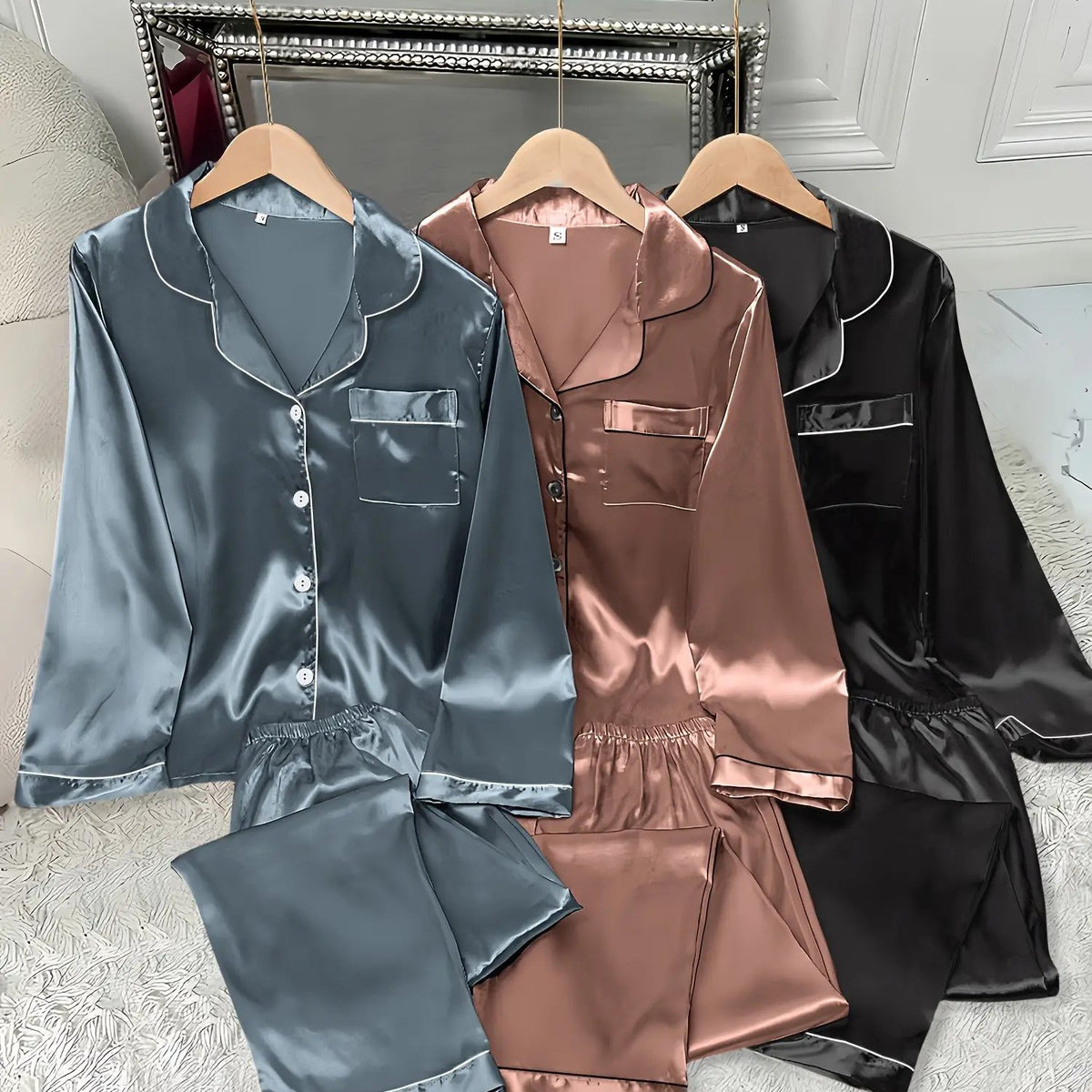 3pcs Women'S Satin Set - Casual Solid Color Long Sleeve Shirt & Elastic Waist Pants, Turn- Collar, Button Detail, Polyester, Autumn Winter Pajamas, Comfortable Loungewear|Casual Style|Polyester Fabric