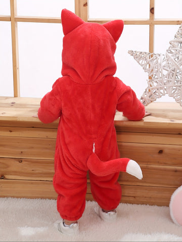 Red Fox Onesie For Baby Boys And Girls, Warm Spring&Autumn Hooded Jumpsuit For Toddlers, Cartoon Animal Fancy Party Wear For Kids, Infant Flannel For Halloween
