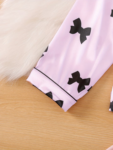 Cute Bow Print Sleepwear For Spring And Autumn, Comfortable Cardigan With Collar, Long Sleeved Top, Long Pants, Sizes 130-160, Medium To Large Children'S And Girls' Set, Home Wear