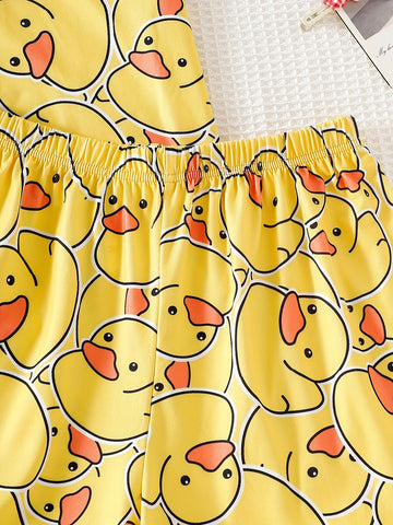 Summer Youth Girls' Pajamas Short Sleeve Cardigan Yellow Bottom Cartoon Yellow Duck Print Boys And Girls Can Wear Outerwear 2pcs Home Clothing Set