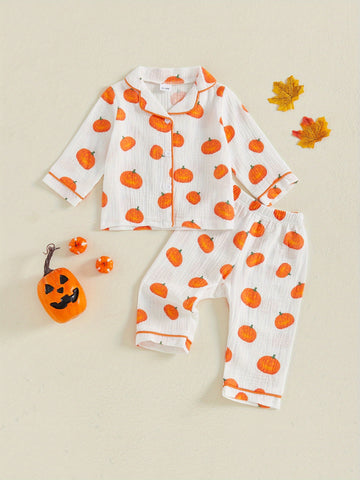 2pcs Girls Halloween Pajamas Set Long Sleeve Pumpkin Print Button Shirts and Pants Set Sleepwear