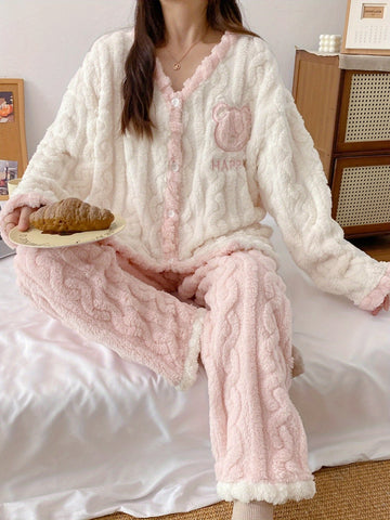 Teen'S Cozy Winter Plush Pajama Set with Bear Letter Print - Soft Pink & White Flannel Sleepwear, Long Sleeve Pajamas with Button Front, Perfect for Casual Home Wear, Bear Pajamas, Winter Sleepwear, Plush Flannel Fabric