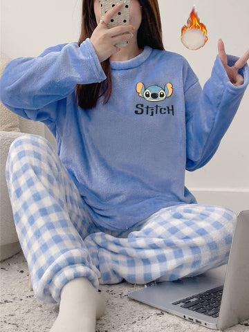 Winter Warm Fleece Pajama Set, Cute Mickey Mouse and Stitch Pattern Sleepwear, ' Style Home Outfit -, Winter Pajamas For Women, Pajama Sets Women Winter, Pajamas Winter Woman