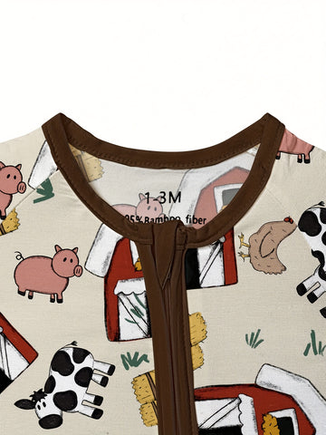 Bamboo Fiber Baby Sleeper, Farm Pig Cow Pattern, High Stretch Knit Fabric, Super Skinny Fit, with Crew Neck for All-Season Outdoor Wear, Allseason Clothing, Playful Design, Snug Fit, Soft Knit Material, Breathable Fabric, Comfortable Romper, Baby