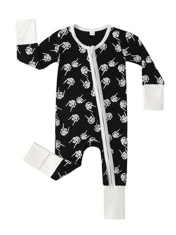 2pcs Bamboo Fiber baby onesies with cool claw skull print, double-sided zipper and matching pants - casual, all-season, machine washable - cute Halloween designs for babies, Bamboo Fiber baby clothes, great for the outdoors