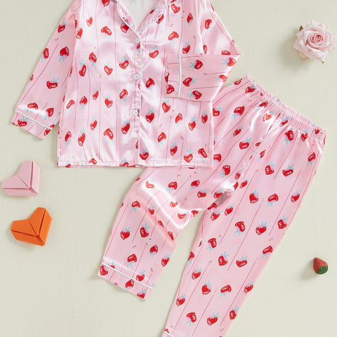 Little Girl Valentines Day Pajama Set Heart Print Long Sleeve Button-up Tops Long Pants 2pcs Sleepwear Outfit