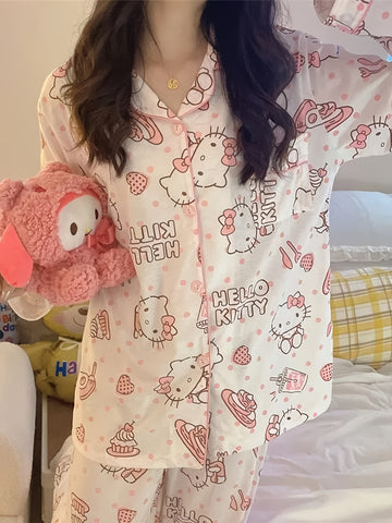 Sanrio Hello Kitty Pajama Sets Womens Button Long Sleeve Pj Pants Set Two-Piece Sleepwear Home Wear