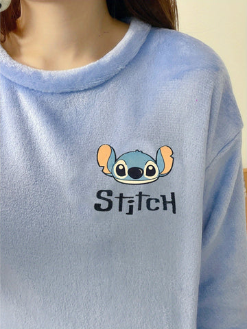 Winter Warm Fleece Pajama Set, Cute Mickey Mouse and Stitch Pattern Sleepwear, ' Style Home Outfit -, Winter Pajamas For Women, Pajama Sets Women Winter, Pajamas Winter Woman