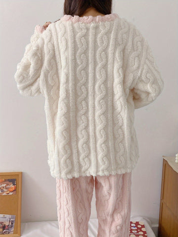 Teen'S Cozy Winter Plush Pajama Set with Bear Letter Print - Soft Pink & White Flannel Sleepwear, Long Sleeve Pajamas with Button Front, Perfect for Casual Home Wear, Bear Pajamas, Winter Sleepwear, Plush Flannel Fabric