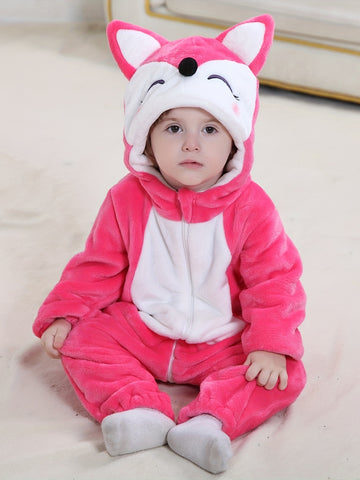 Red Fox Onesie For Baby Boys And Girls, Warm Spring&Autumn Hooded Jumpsuit For Toddlers, Cartoon Animal Fancy Party Wear For Kids, Infant Flannel For Halloween
