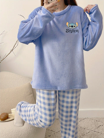 Winter Warm Fleece Pajama Set, Cute Mickey Mouse and Stitch Pattern Sleepwear, ' Style Home Outfit -, Winter Pajamas For Women, Pajama Sets Women Winter, Pajamas Winter Woman