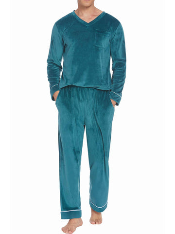 ELESOL Unisex Velvet Pajama Set, Casual V-Neck Long Sleeve Knit Fabric Sleepwear, Polyester & Spandex Blend, Solid Color Loungewear with Pockets, for Fall\u002FWinter