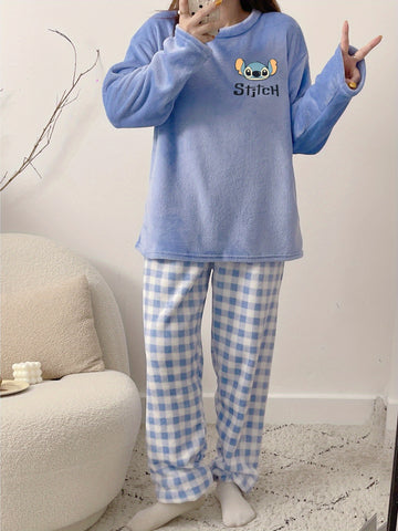 Winter Warm Fleece Pajama Set, Cute Mickey Mouse and Stitch Pattern Sleepwear, ' Style Home Outfit -, Winter Pajamas For Women, Pajama Sets Women Winter, Pajamas Winter Woman