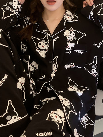 Sanrio Hello Kitty Pajama Sets Womens Button Long Sleeve Pj Pants Set Two-Piece Sleepwear Home Wear