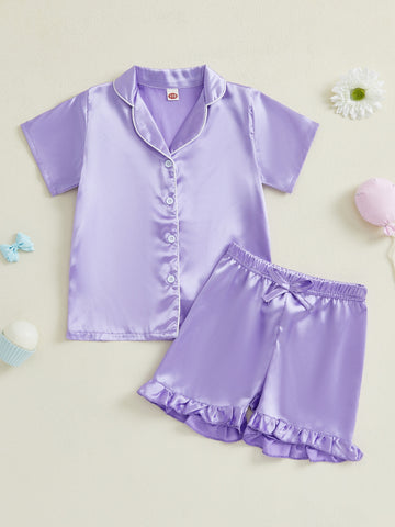Youngsters Youngsters Youngsters Girl Summer Pajamas Set Silky Solid Color Short Sleeve Lapel V Neck Button Shirt Top Ribbon Elastic Waist Ruffle Shorts 2pcs Lounge Outfit