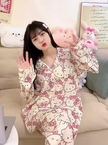 2pcs Sanrio Genuine Authorization, Hello Kitty Cartoon Pajama Set, Spring And Autumn Long-sleeved Set, Long-sleeved Sweet Cartoon Loungewear, Thin Pajama Set, A Must-have Choice for Valentine's Day Gifts for Girlfriends And Family