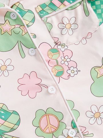 Kids Toddler Spring Pajama Sets Shamrock Pattern Button V Neck Long Sleeve Tops and Pants Lounge Wear 2pcs Set