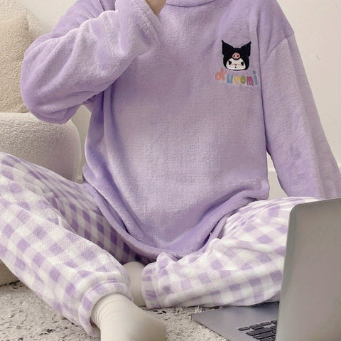 Sanrio Women'S Cozy Fleece Pajama Set - Cute Cartoon Dog & for Hello Kitty Pattern, Plaid Pants, Long Sleeve Top, All-Season Wear, Soft & Warm, Perfect for Teens, Cozy Loungewear | Cartoon Print Top | Soft Fabric Pajamas, Cute Pajamas