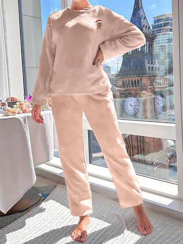 Men And Women Couple Fleece Pajama Set - Christmas Gingerbread Man Embroidery Design, Thickened for Autumn And Winter, Featuring a Round Neck Long Sleeve And Long Pants, Machine Washable (Single Piece Set)