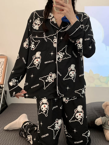 Sanrio Hello Kitty Pajama Sets Womens Button Long Sleeve Pj Pants Set Two-Piece Sleepwear Home Wear