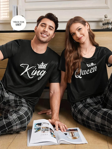 Couple'S Matching Pajamas Set - His & Hers - King & Queen Crown & Lettering - Soft Winter Sleepwear - Couples Costume Party Outfit - Easy-Care Machine Washable - Anniversary Valentine'S Gift for Couples - Couple'S Sleepwear Set
