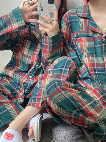 Christmas Couple's Long Sleeve Vintage Plaid Print Pajama Set Open Front Button-Up Top and Pants