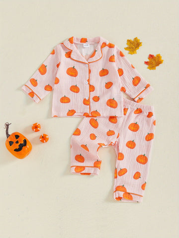 2pcs Girls Halloween Pajamas Set Long Sleeve Pumpkin Print Button Shirts and Pants Set Sleepwear