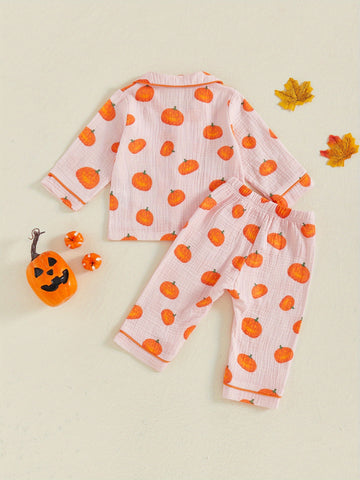 2pcs Girls Halloween Pajamas Set Long Sleeve Pumpkin Print Button Shirts and Pants Set Sleepwear