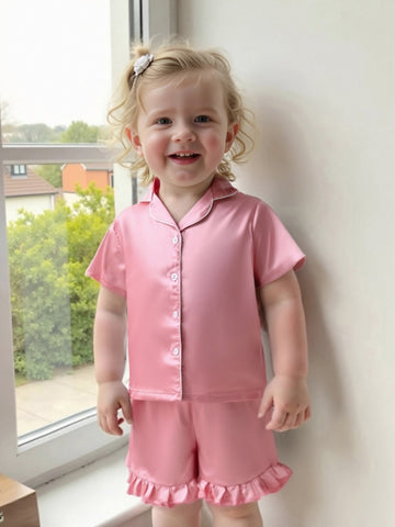 Youngsters Youngsters Youngsters Girl Summer Pajamas Set Silky Solid Color Short Sleeve Lapel V Neck Button Shirt Top Ribbon Elastic Waist Ruffle Shorts 2pcs Lounge Outfit