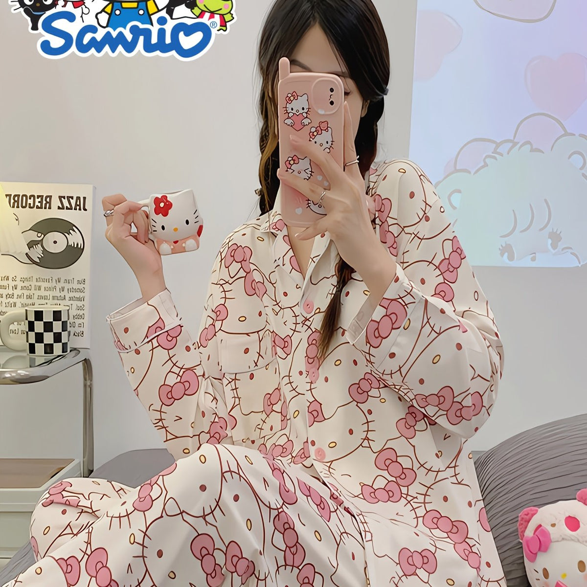 2pcs Sanrio Genuine Authorization, Hello Kitty Cartoon Pajama Set, Spring And Autumn Long-sleeved Set, Long-sleeved Sweet Cartoon Loungewear, Thin Pajama Set, A Must-have Choice for Valentine's Day Gifts for Girlfriends And Family