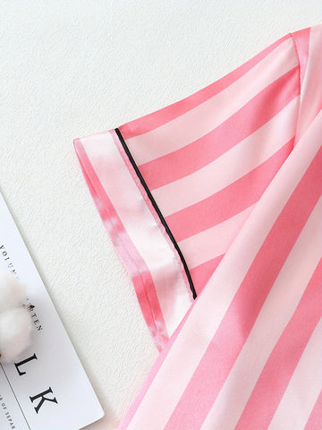 Two Sets of Youth Solid Color Striped Shorts and Short Sleeve Pajama Set, for Teenager