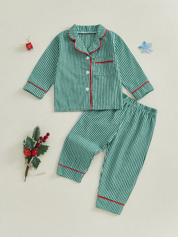 Girl 2pcs Christmas Pajamas Long Sleeve Plaid Print Shirt + Pants Set Sleepwear