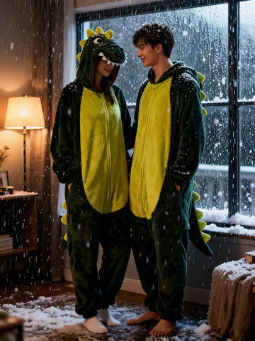 Roarsome Dinosaur Couple Onesie Set - Soft Flannel Matching Dinosaur Costume Pajamas with Hood, Long Sleeve Winter Sleepwear for Couples, Cute Animal Outfit with Spikes & Tail, Valentine'S Day & Anniversary Gift for Adults (Green\u002FYellow