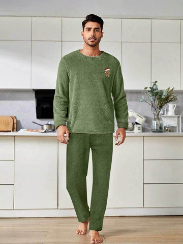 Men And Women Couple Fleece Pajama Set - Christmas Gingerbread Man Embroidery Design, Thickened for Autumn And Winter, Featuring a Round Neck Long Sleeve And Long Pants, Machine Washable (Single Piece Set)