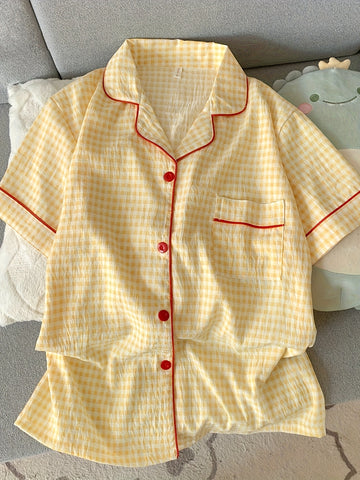 Ladies' Casual Home Wear Two-piece Set with Checkered Print Summer Pajamas Set, Short Sleeved Button Up Cardigan, Lapel Shirt, Shorts, s' Casual Home Wear