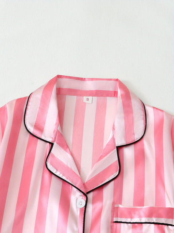 Two Sets of Youth Solid Color Striped Shorts and Short Sleeve Pajama Set, for Teenager