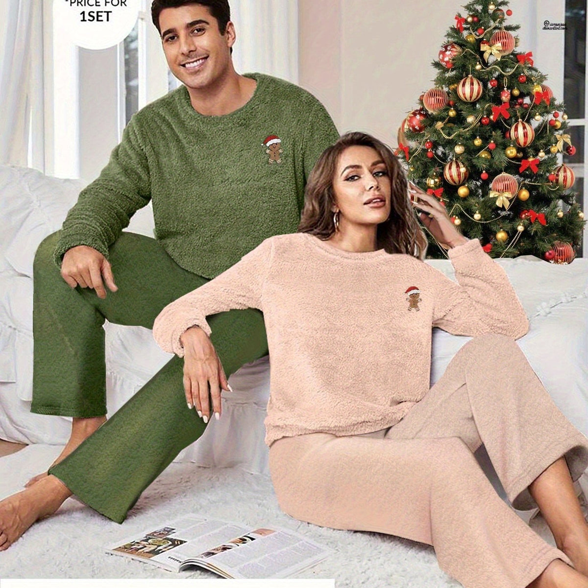 Men And Women Couple Fleece Pajama Set - Christmas Gingerbread Man Embroidery Design, Thickened for Autumn And Winter, Featuring a Round Neck Long Sleeve And Long Pants, Machine Washable (Single Piece Set)