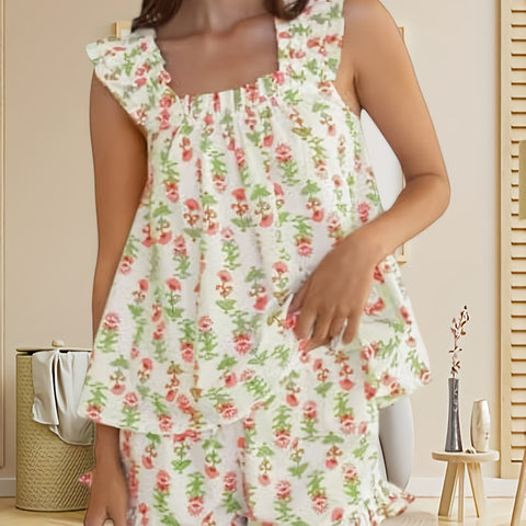 Teenager Womens Floral Print Pajama Sets Ruffle Trim Cami And Casual Shorts 2pcs Lounge Set PJ
