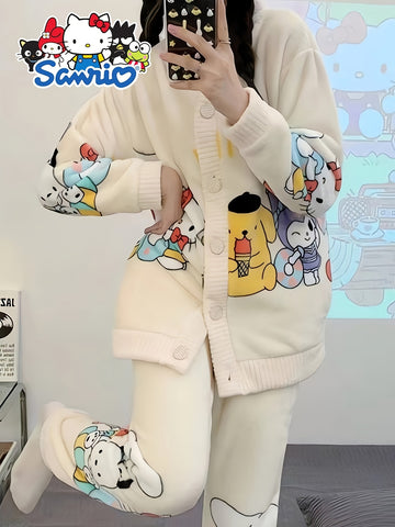 2pcs Sanrio Genuine Authorization, Hello Kitty Family Cartoon Pattern Long-sleeved Thickened Upgraded Pajama Set, Thick Warm Loungewear, Sweet And Cute Pajamas, Cardigan Loungewear Can Be Worn Outside, The Best Choice for Family And Friends