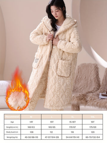 Girls' Flannel Hooded Sleepwear Set, Thickened Fleece-Lined Cartoon Long Sleeves and Pants for Autumn\u002FWinter Warm Home Outfit