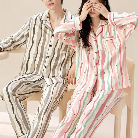 Couples' Pajama Set - Matching Long Sleeve Shirt & Pants Loungewear with Notch Collar & Button-Front Closure, Soft Striped All-Season Comfort, Unisex Full-Length Sleepwear for Men & Women, Cozy Casual Lounge Outfit (Striped Pattern, Easy Care)