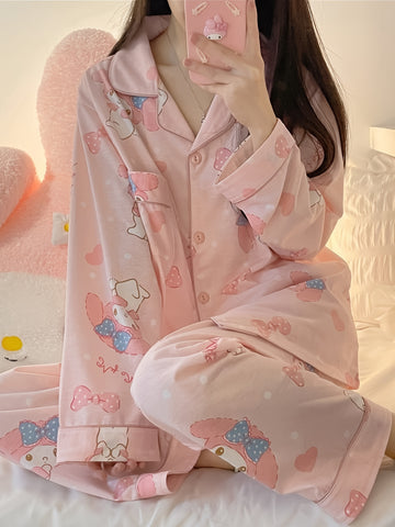 Sanrio Hello Kitty Pajama Sets Womens Button Long Sleeve Pj Pants Set Two-Piece Sleepwear Home Wear
