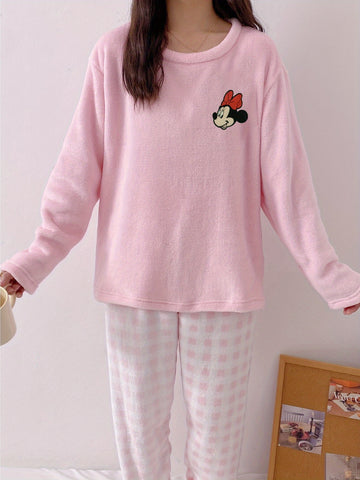 Winter Warm Fleece Pajama Set, Cute Mickey Mouse and Stitch Pattern Sleepwear, ' Style Home Outfit -, Winter Pajamas For Women, Pajama Sets Women Winter, Pajamas Winter Woman