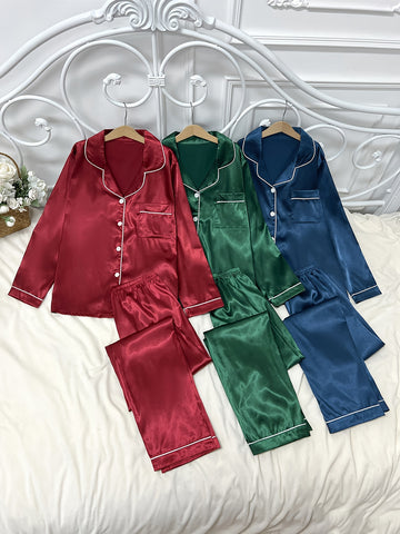 3 Sets Women's Solid Satin Casual Pajama Set, Long Sleeve Buttons Lapel Top & Pants, Comfortable Relaxed Fit For Autumn & Winter