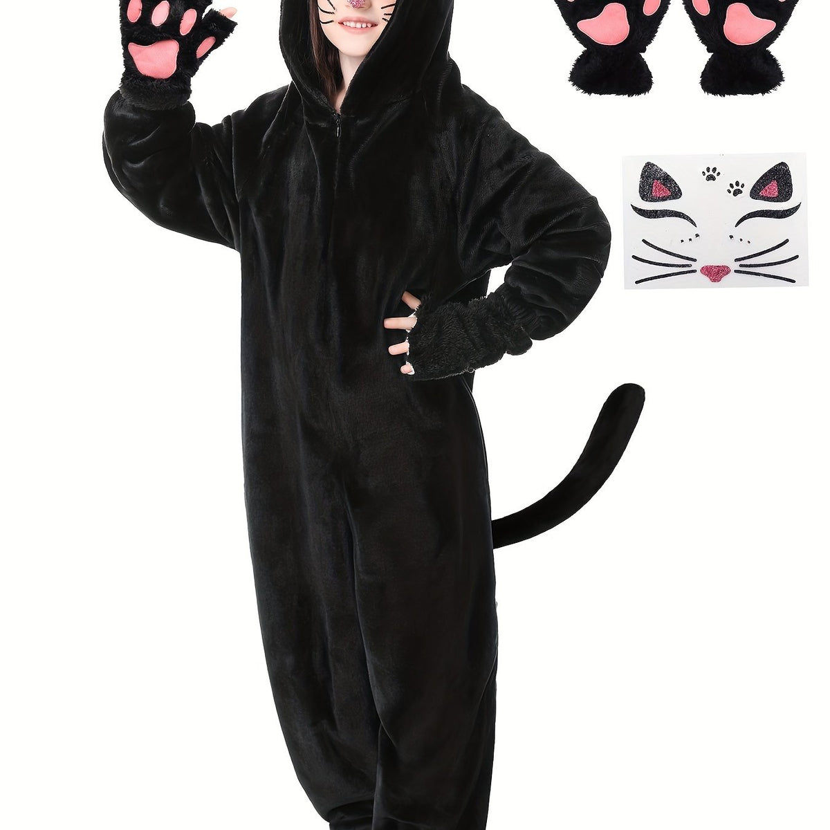 Girls Black Cat Onesie Pajamas Costume, Soft Plush Warm Sleepwear With Gloves And Cat Stickers, Perfect For Halloween, Cosplay, Dress Up, Role Play, Costume Parties, Themed Events, Winter Loungewear Outfit