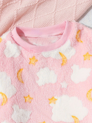 Girls' cartoon printed plush top with two pieces of Fleece pants, girls' autumn and winter suit